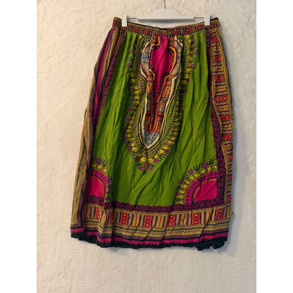 Ana & Rose Dashiki Print Midi Skirt Womens One Size Plus Green Pink Boho Rayon